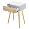 A white and wood bedside table with an open drawer, shown on a white background. Náhled obrázku produktu