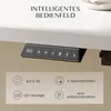 A close-up of a desk control panel with feature callouts below. Produktbild-Vorschau