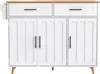 A white kitchen cart with a wooden top and black handles, shown from the front. Náhled obrázku produktu