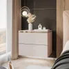 A modern bedroom setting with a nightstand next to a window and bed. Produktbild-Vorschau