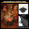 A collage of images showing a portable grill and fire pit in use at night, with close-ups of its features. Produktbild-Vorschau