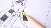 A close-up shot of a drawing of a character wearing a scarf, with a colored pencil coloring in a section of the scarf. Produktbild-Vorschau