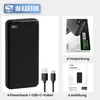 A collage of images showing a black power bank, its packaging, and user manual. Voir les images du produit