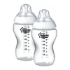 Two clear baby bottles with white nipples and white markings on a white background. Produktbild-Vorschau
