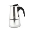 A silver moka pot with a black handle and lid is shown against a white background. Produktbild-Vorschau