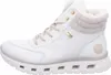 A side view of a white women's boot with beige laces and a light grey collar. Voir les images du produit