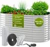 A raised garden bed with plants and accessories, presented with marketing text and dimensions. Produktbild-Vorschau