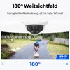 A security camera is shown with a demonstration of its wide field of view, covering an outdoor area with a person delivering a package. Produktbild-Vorschau