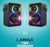 Two black speakers with colorful LED lights are shown against a light blue background, with a sound wave graphic between them. Produktbild-Vorschau