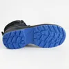 A black safety boot with a blue sole is shown from the side. Produktbild-Vorschau