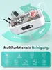 An ultrasonic cleaner with various items inside, surrounded by curved promotional graphics. Produktbild-Vorschau
