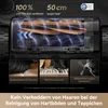 A close-up diagram of a robot vacuum cleaner's brush roll, with inset images showing different brush types and a side brush. Text highlights features like tangle-free operation and certifications. Produktbild-Vorschau