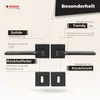 A marketing image showcasing a black door handle set with descriptive labels pointing to its features. Produktbild-Vorschau