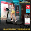 A woman is running on a treadmill in a gym setting, with digital overlays showing app interfaces and product features. Produktbild-Vorschau