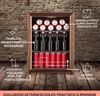 A mini refrigerator filled with drinks, set against a brick wall and wooden floor, with marketing text overlays. Produktbild-Vorschau