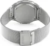 Close-up view of the back of a silver Casio digital watch with a mesh metal band. Voir les images du produit