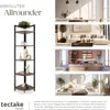 A corner shelf unit is shown next to lifestyle images of various rooms. Náhled obrázku produktu