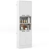 A tall, white kitchen cabinet with two doors at the top and two doors at the bottom, and open shelves in between. It is shown against a white background. Podgląd zdjęcia produktu