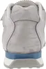 The back view of a grey sneaker with a blue sole. Produktbild-Vorschau
