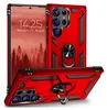 A red phone case with a ring holder is shown from multiple angles, with a phone screen displaying the time and date in the background. Produktbild-Vorschau