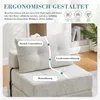 A beige sofa-chair is shown with text overlays highlighting its ergonomic features. Náhled obrázku produktu
