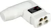 A white satellite dish LNB device with a label on it. Produktbild-Vorschau