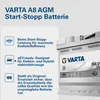 A VARTA A8 AGM Start-Stop battery is shown with its features highlighted by text and icons. Produktbild-Vorschau