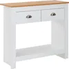 Konsolentisch 85x35x76cm Weiß Eiche Modern mit Holzplatte in Eicheoptik, weißem Korpus und zwei metallbestückten Schubladen. Náhled obrázku produktu