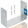 A U-shaped metal bracket and screws are shown against a white background, with a small wooden piece at the bottom right showing how the bracket is attached. Podgląd zdjęcia produktu