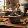 A cooking pot is steaming on a kitchen counter next to vegetables and bread, with a fireplace in the background. Produktbild-Vorschau