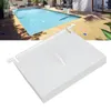 A white plastic skimmer door flap is shown in the foreground, with a swimming pool and patio area in the background. Produktbild-Vorschau