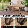 A wooden table with black metal legs on a wooden deck, with close-up insets showing the legs before and after using protective pads. Produktbild-Vorschau