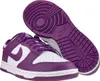 A pair of Nike Dunk Low Retro sneakers in white and purple, shown from a slightly elevated front-left angle with one shoe placed in front of the other. Náhled obrázku produktu