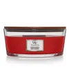 A WoodWick Crimson Berries candle in a clear glass jar with a wooden lid. Produktbild-Vorschau