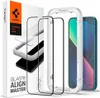A Spigen screen protector kit for an iPhone, including the packaging, alignment tool, and two screen protectors, with an iPhone shown for scale. Podgląd zdjęcia produktu