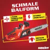 A marketing image of an electric chainsaw with feature callouts. Produktbild-Vorschau