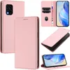 Collage of images showing a pink leather phone case for a Xiaomi Mi 10 Lite 5G, including its card slots and stand function. Produktbild-Vorschau