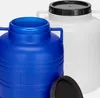 Two plastic barrels, one blue and one white, are shown in a studio setting against a light gray background. The blue barrel is in the foreground and is open, while the white barrel is in the background and is closed with a black lid. Produktbild-Vorschau