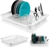 Collage of a white plastic dish rack with dishes, glasses, and cutlery. Produktbild-Vorschau