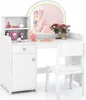 A white vanity table set with a chair, mirror, and storage. Podgląd zdjęcia produktu