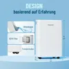 A white dehumidifier is shown with callouts highlighting its features like the drain cap, HEPA filter, and transport wheels. Dimensions are also indicated. Produktbild-Vorschau