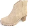A single beige women's boot with a block heel is shown against a white background. Produktbild-Vorschau