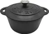 A black cast iron pot with a silver lid knob. Voir les images du produit