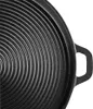 A close-up view of a black cast iron grill plate with concentric ridges. Voir les images du produit
