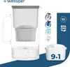 A water filter pitcher and its accessories are displayed against a blue and white background. Produktbild-Vorschau