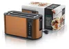 A copper-colored four-slice toaster with a black control panel and a box of the same toaster in the background. Voir les images du produit