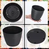 A collage of four images showing a black plastic plant pot from different angles, including the bottom and a hand holding it. Produktbild-Vorschau