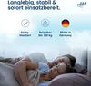A couple sleeping in a bed, with marketing text and icons above them. Produktbild-Vorschau