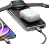 A Satechi Quatro Wireless Power Bank is shown charging an Apple Watch, AirPods, and an iPhone simultaneously. Produktbild-Vorschau