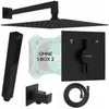 A collection of black bathroom shower fixtures, including a showerhead, hand shower, control valve, hose, and mounting bracket, arranged on a white background. Produktbild-Vorschau